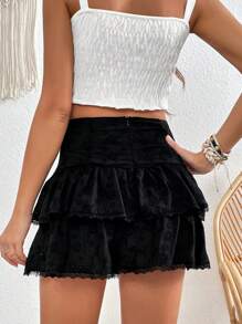 Soleia Váy nữ Tương phản ren phân lớp Tranh thêu màu trơn Boho - màu đen - Xem 2