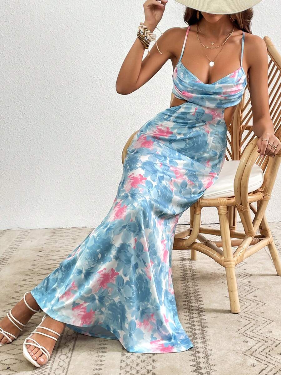 SHEIN VCAY Đầm Lộ Lưng Hội Chữ thập Xù Hoa Tất cả trên in Boho - Màu xanh nhạt - Xem 1