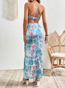 SHEIN VCAY Đầm Lộ Lưng Hội Chữ thập Xù Hoa Tất cả trên in Boho - Màu xanh nhạt - Xem 2