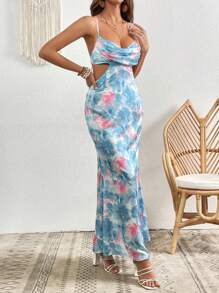 SHEIN VCAY Đầm Lộ Lưng Hội Chữ thập Xù Hoa Tất cả trên in Boho - Màu xanh nhạt - Xem 3