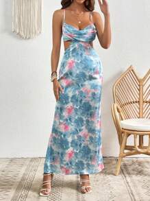 SHEIN VCAY Đầm Lộ Lưng Hội Chữ thập Xù Hoa Tất cả trên in Boho - Màu xanh nhạt - Xem 4