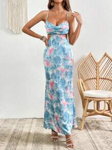 SHEIN VCAY Đầm Lộ Lưng Hội Chữ thập Xù Hoa Tất cả trên in Boho - Màu xanh nhạt - Xem 5