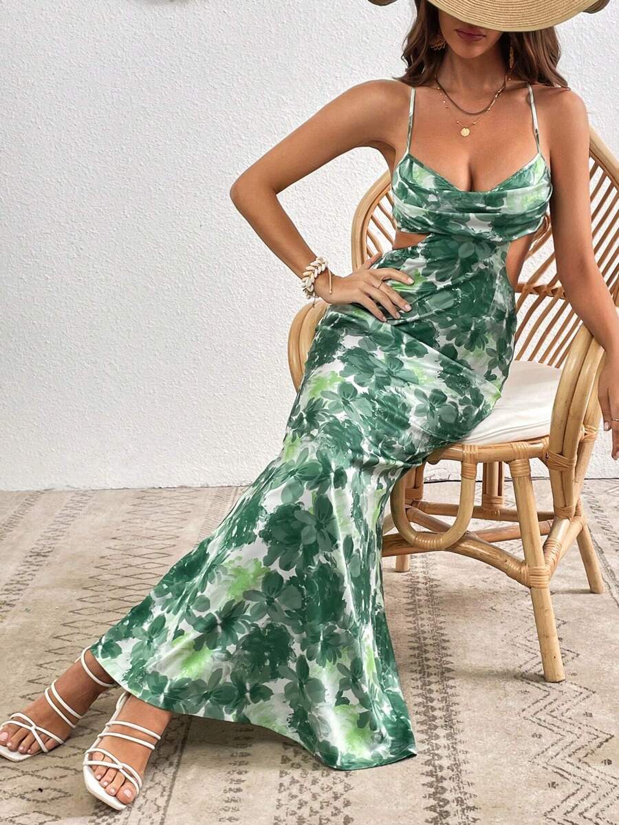 SHEIN VCAY Đầm Lộ Lưng Hội Chữ thập Hoa Tất cả trên in Boho - màu xanh lá - Xem 1