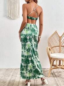 SHEIN VCAY Đầm Lộ Lưng Hội Chữ thập Hoa Tất cả trên in Boho - màu xanh lá - Xem 2