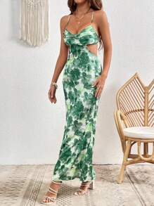 SHEIN VCAY Đầm Lộ Lưng Hội Chữ thập Hoa Tất cả trên in Boho - màu xanh lá - Xem 3