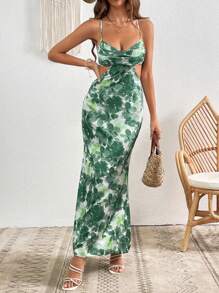 SHEIN VCAY Đầm Lộ Lưng Hội Chữ thập Hoa Tất cả trên in Boho - màu xanh lá - Xem 4