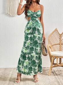 SHEIN VCAY Đầm Lộ Lưng Hội Chữ thập Hoa Tất cả trên in Boho - màu xanh lá - Xem 5