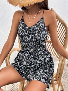 Soleia 碎花露背繫帶吊帶連體短褲 - 黑色 - 查看 1