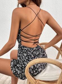 Soleia 碎花露背繫帶吊帶連體短褲 - 黑色 - 查看 2
