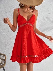 SHEIN VCAY 水溶蕾絲拼接荷葉邊吊帶連衣裙 - 紅色 - 查看 1