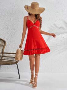 SHEIN VCAY 水溶蕾絲拼接荷葉邊吊帶連衣裙 - 紅色 - 查看 3