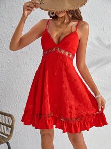 SHEIN VCAY 水溶蕾絲拼接荷葉邊吊帶連衣裙 - 紅色 - 查看 5