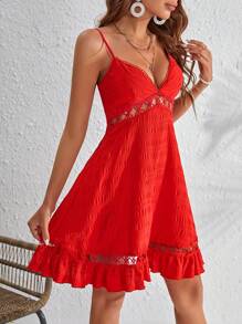 SHEIN VCAY 水溶蕾絲拼接荷葉邊吊帶連衣裙 - 紅色 - 查看 6