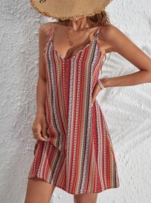 SHEIN VCAY 鋸齒紋和條紋印花吊帶連衣裙