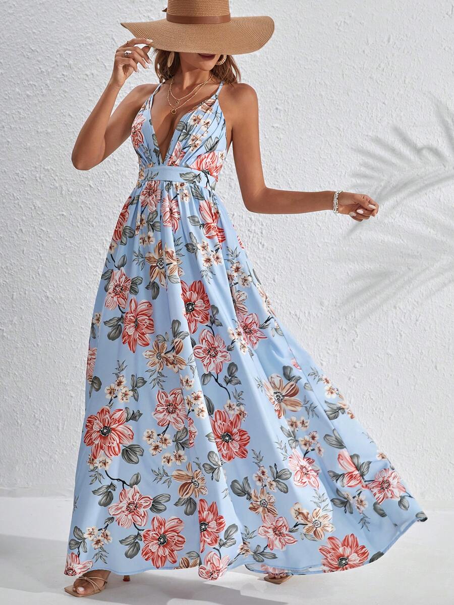 SHEIN VCAY Floral Print Lace Up Backless Cami Dress - Baby Blue - View 1