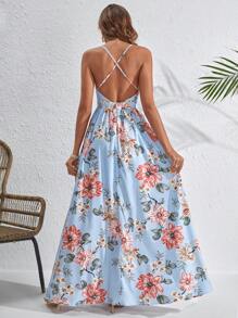 SHEIN VCAY Floral Print Lace Up Backless Cami Dress - Baby Blue - View 2