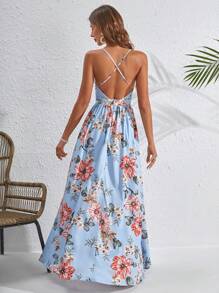 SHEIN VCAY Floral Print Lace Up Backless Cami Dress - Baby Blue - View 3