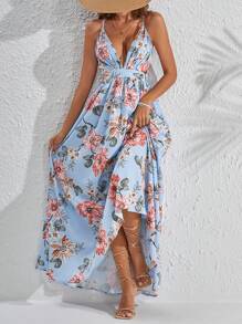 SHEIN VCAY Floral Print Lace Up Backless Cami Dress - Baby Blue - View 4