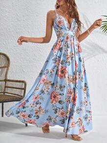 SHEIN VCAY Floral Print Lace Up Backless Cami Dress - Baby Blue - View 5