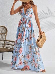 SHEIN VCAY Floral Print Lace Up Backless Cami Dress - Baby Blue - View 6