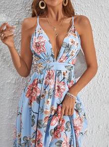 SHEIN VCAY Floral Print Lace Up Backless Cami Dress - Baby Blue - View 7