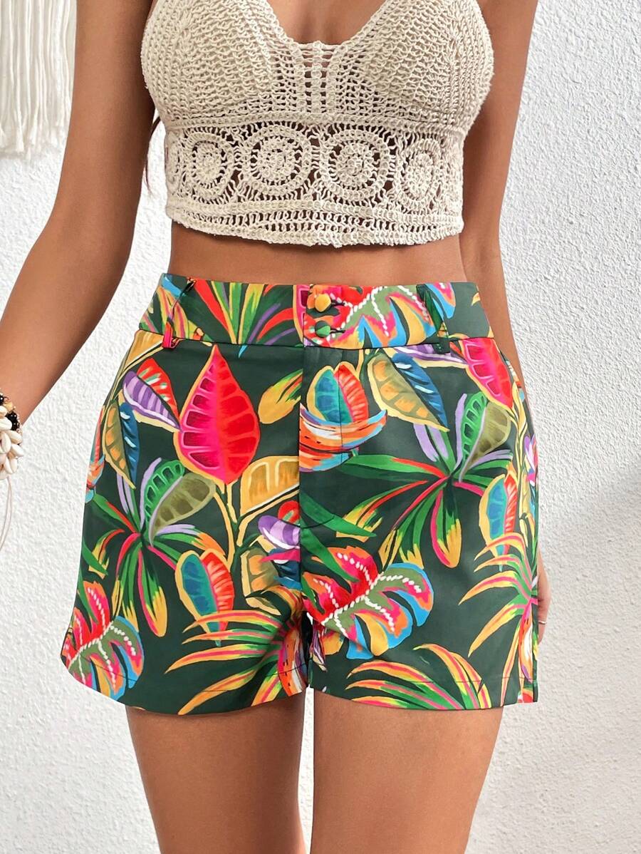 SHEIN VCAY Tropical Print Zip Fly Shorts - Green - View 1