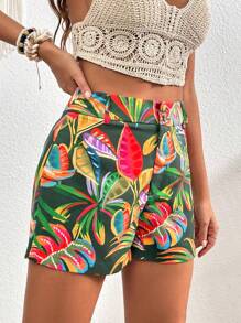 SHEIN VCAY Tropical Print Zip Fly Shorts - Green - View 4