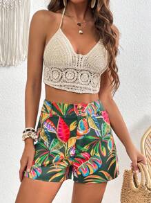 SHEIN VCAY Tropical Print Zip Fly Shorts - Green - View 5