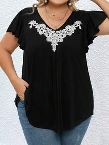 SHEIN Clasi Plus Contrast Guipure Lace Butterfly Sleeve Tee - Black - View 5