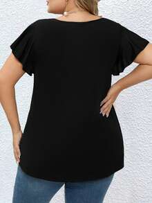 SHEIN Clasi Plus Contrast Guipure Lace Butterfly Sleeve Tee - Black - View 2