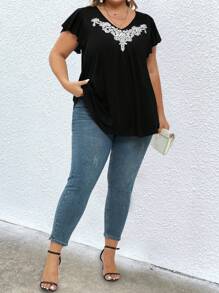 SHEIN Clasi Plus Contrast Guipure Lace Butterfly Sleeve Tee - Black - View 1