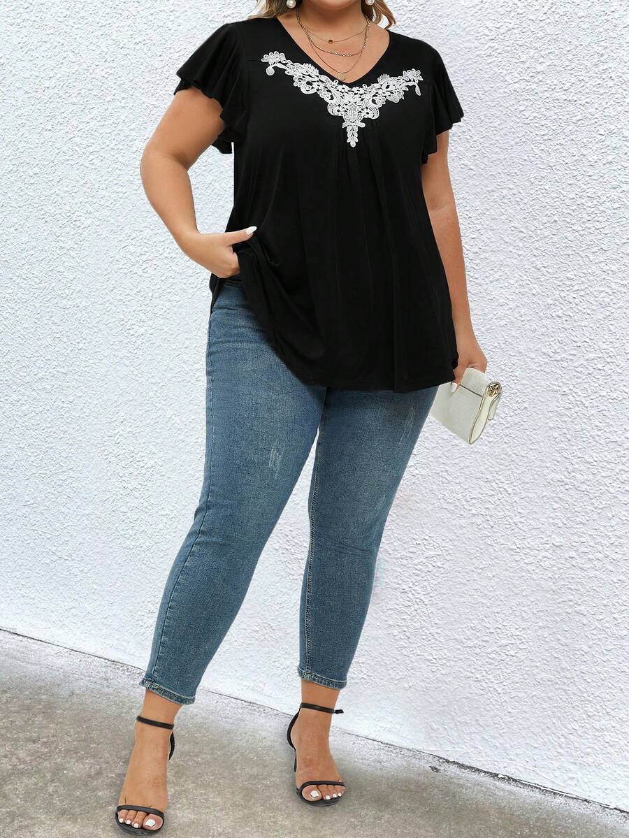 SHEIN Clasi Plus Contrast Guipure Lace Butterfly Sleeve Tee - Black - View 1