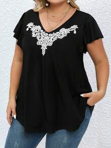 SHEIN Clasi Plus Contrast Guipure Lace Butterfly Sleeve Tee - Black - View 6