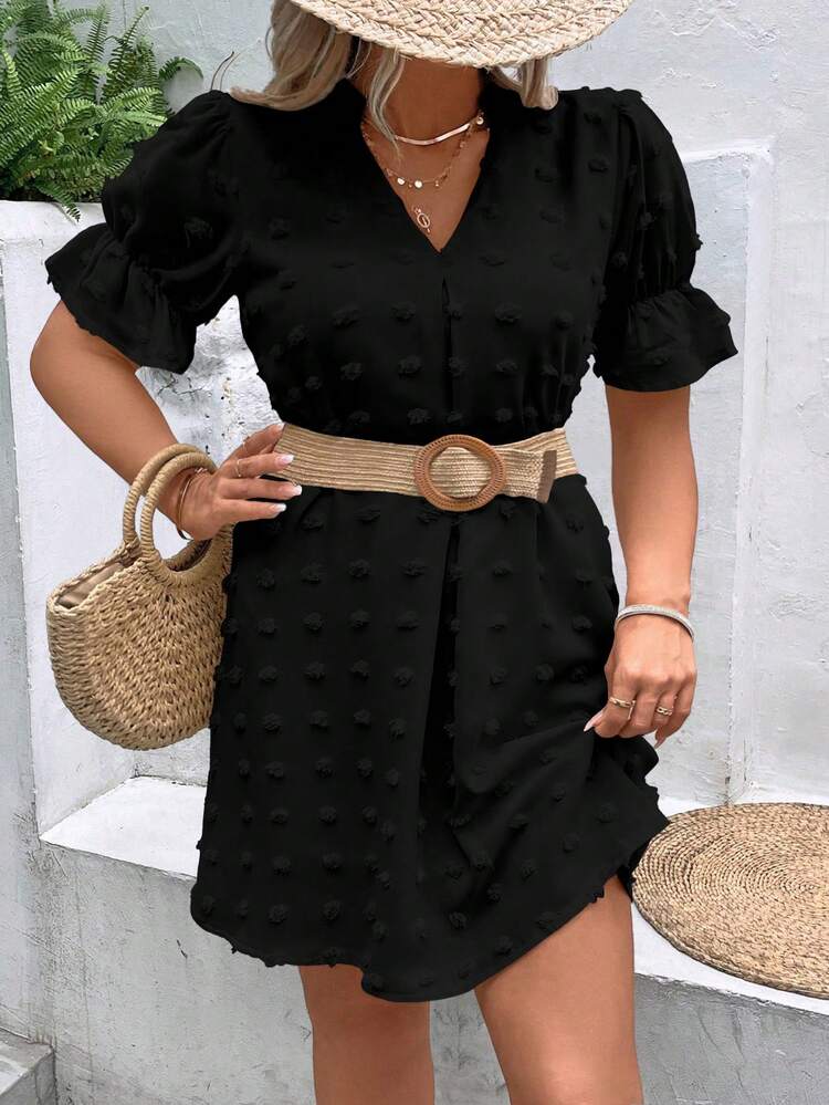 SHEIN Clasi Plus Swiss Dot Flounce Sleeve Dress Without Belt - Black - View 4