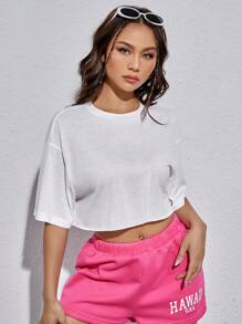 SHEIN EZwear Floral & Slogan Graphic Drop Shoulder Crop Tee - White - View 2
