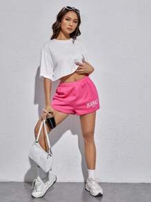 SHEIN EZwear Floral & Slogan Graphic Drop Shoulder Crop Tee - White - View 4