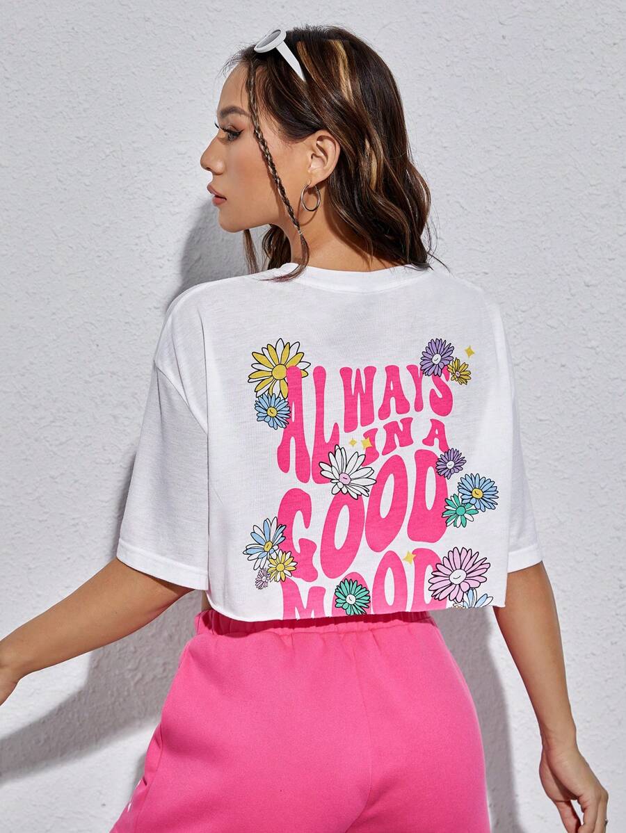 SHEIN EZwear Floral & Slogan Graphic Drop Shoulder Crop Tee - White - View 1