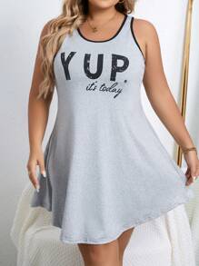 大碼字母圖案撞色滾邊睡裙 - 灰色 - 查看 4