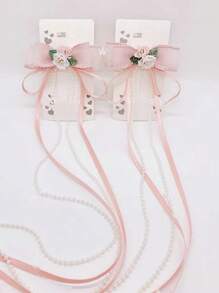 2入組女孩蝴蝶結和人造珍珠裝飾可愛鴨嘴夾適用於頭髮裝飾用品 - 彩色 - 查看 1