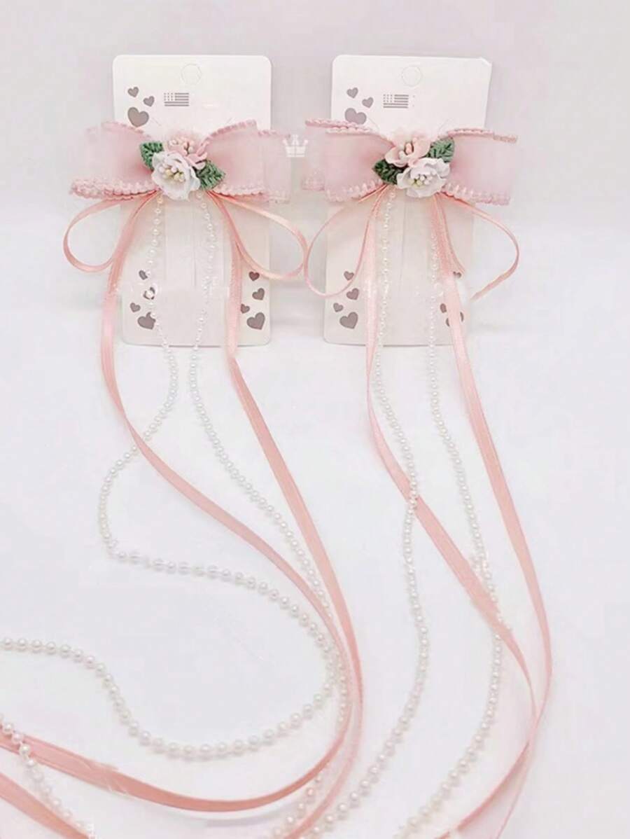 2入組女孩蝴蝶結和人造珍珠裝飾可愛鴨嘴夾適用於頭髮裝飾用品 - 彩色 - 查看 1