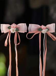 2入組女孩蝴蝶結和人造珍珠裝飾可愛鴨嘴夾適用於頭髮裝飾用品 - 彩色 - 查看 2