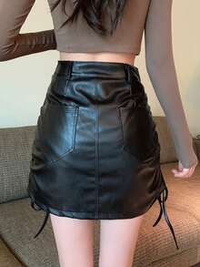 Solid PU Drawstring Side Skirt - Black - View 2