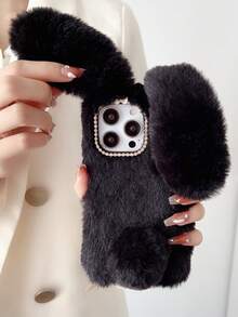 1 pieza Funda de teléfono de peluche de conejo elegante y atractiva, regalo ideal para parejas o hermanas compatible con Apple, Oppo, Vivo, Redmi - Negro - Ver 3