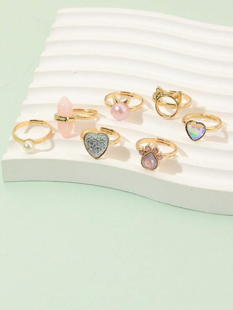 7入組自然石材、假珍珠少女戒指，適用於3-14歲女孩