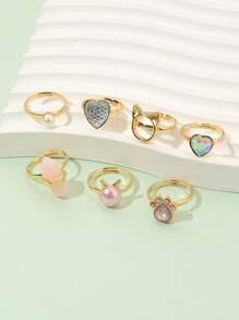 7入組自然石材、假珍珠少女戒指，適用於3-14歲女孩