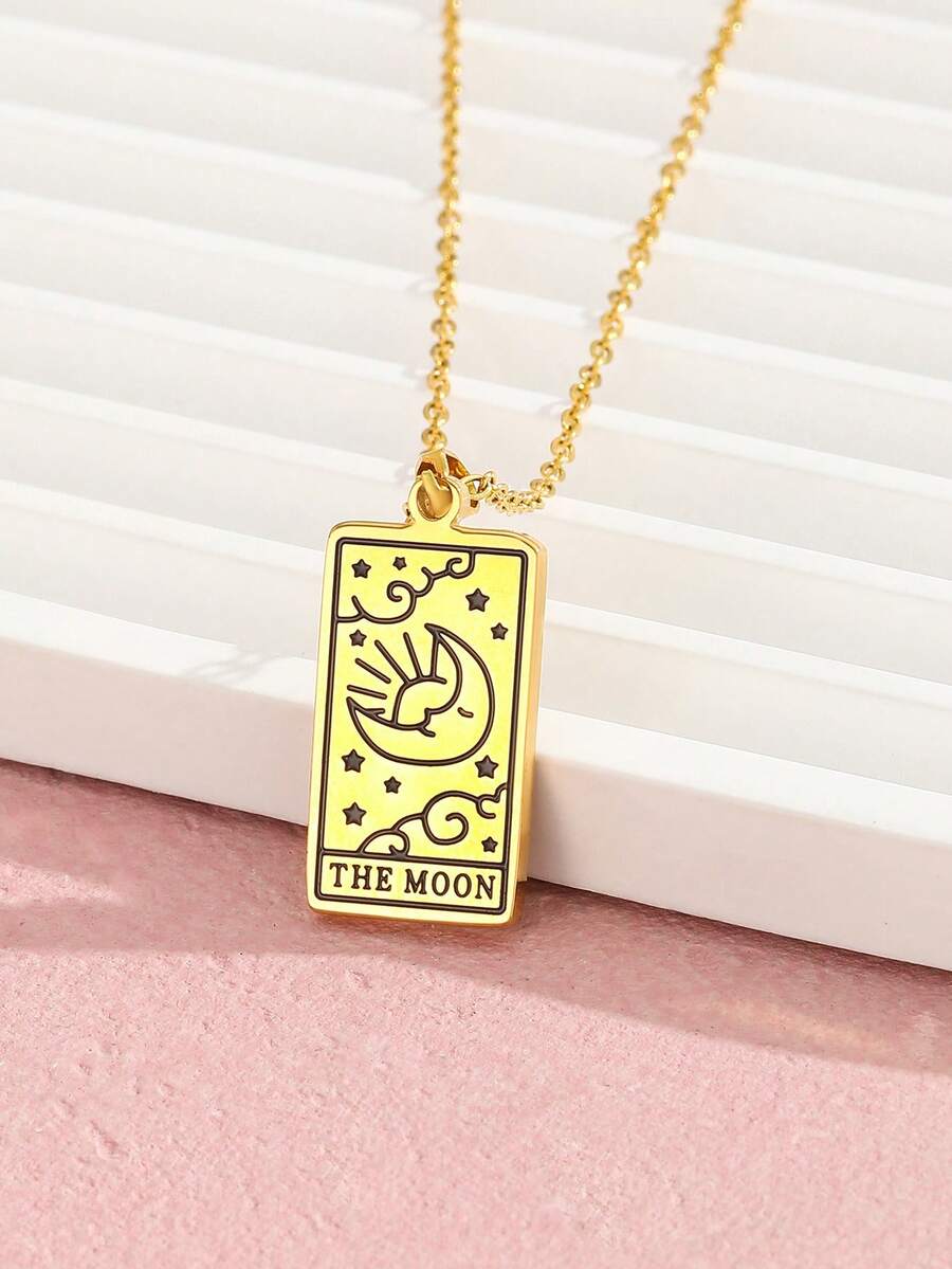 1pc Kids Star & Moon Detail Rectangle Pendant Necklace For Daily Life - Yellow Gold - View 1