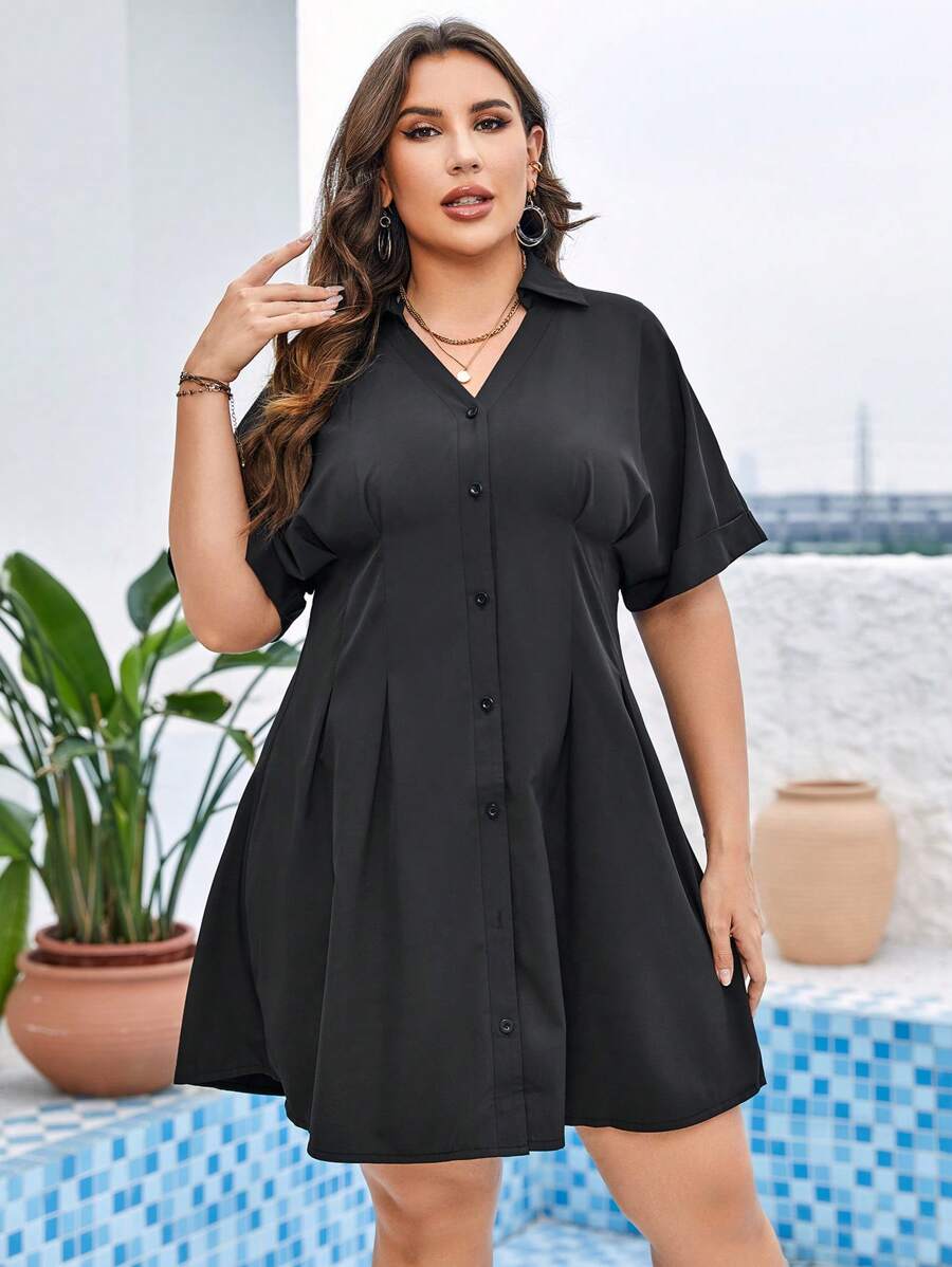 SHEIN Plus Solid Button Front Fold Pleated Detail Shirt Dress - Black - View 1