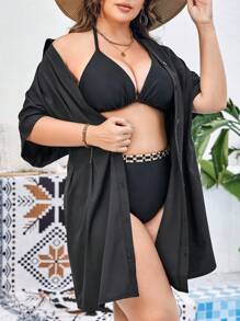 SHEIN Plus Solid Button Front Fold Pleated Detail Shirt Dress - Black - View 3