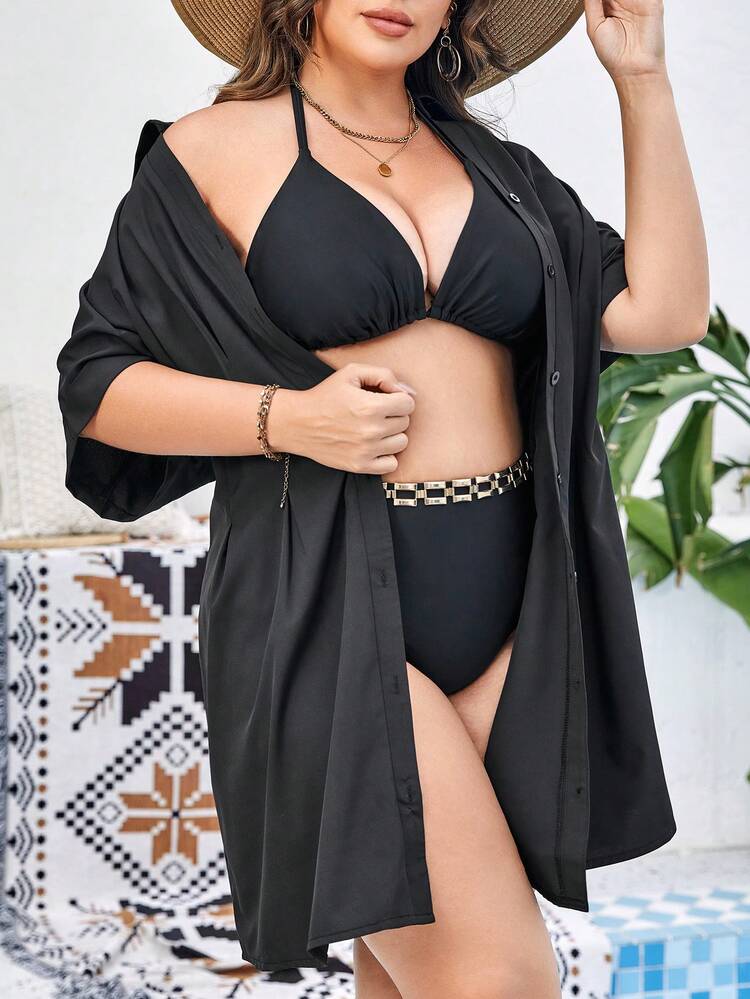 SHEIN Vestido camisero unicolor con botón delantero con diseño de fruncido - Negro - Añade 3