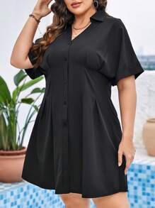 SHEIN Plus Solid Button Front Fold Pleated Detail Shirt Dress - Black - View 4